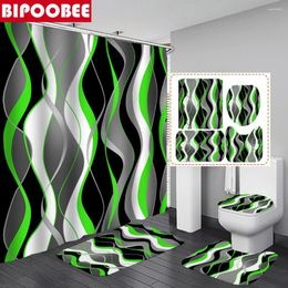 Shower Curtains Green Striped Curtain Set Grey And White Toilet Lid Cover Bath Mat Modern Bathroom Decor Bathtub With Hooks