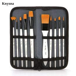 Brushes Knysna 10pcs Nylon Horsehair Bristles Watercolour Painting Brushes Set with Bag Professional Art Drawing Wooden Handle Brush Pens