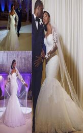 2022 Vintage Sexy African Mermaid Wedding Dresses Long Sleeves Sweetheart Lace Appliques Crystal Beaded Plus Size Court Train Form1819177