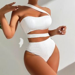 ARXIPA Sexy Bikinis One Piece Swimsuit for Women Bandage Bathing Suit Padded Push Up Beachwear White Solid 1 Piece Hollow Out Brazilian Bandeau One Shoulder