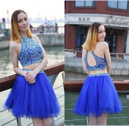 2021 Short Homecoming Dresses Jewel Crystal Beaded Two Pieces Sexy Sleeveless Royal Blue Tulle Aline Cheap Cocktail Dresses Party5375581