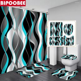 Shower Curtains Sky Blue Wavy Line Curtain Bathroom Decor Waterproof Black And White Striped Bath Mat Non-Slip Rugs Toilet Cover