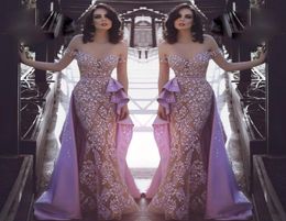 Lavender Mermaid Overskirts 2018 Prom Dresses Off Shoulder Lace Appliqued Beads Evening Gowns Saudi Celebrity Party Dress robe de 1168365