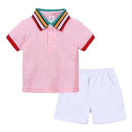 Toddler Baby Boy Gentleman Rainbow Polo T-Shirt TopsSolid Shorts Clothes Outfit Kids Sets Boys Summer Clothes 2Pcs Suits 240325