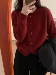 Women's Knits Big Red Temperament Round Neck Cashmere Knit Cardigan Autumn And Winter Fashion Wool-base Top Loose Sweater