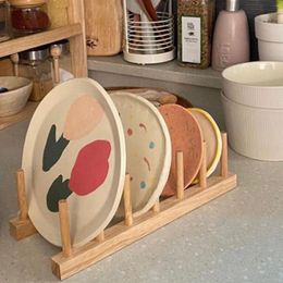 Kitchen Storage Wooden Dish Drying Rack 6 Grids Pine Wood Plate Holder Organiser With Stable Base For Cups Cutting Boards