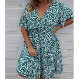 Plus Size Dress Woman 2023 Summer V Neck Short Sleeve Floral Print Casual Midi High Waist Chic Beach Party Dresses 240321