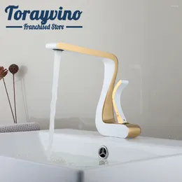 Bathroom Sink Faucets Torayvino Basin Faucet Golden W/ White Plated Single Handle Hole Deck Mounted Special Shaped Cold Mixer Taps