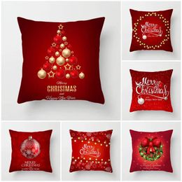 Pillow 45x45cm Red Background Lightening Christmas Tree Ball Bell Gifts Cover Home Living Room Decor