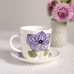 Cups Saucers Ceramic Coffee Mugs With Saucer 220ML Ins Purple Flower Handpainted Printed Creative Set Simple Style Drinkware