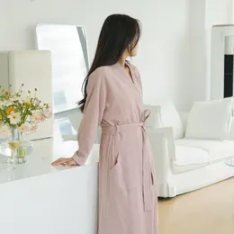 Home Clothing Women Cotton Waffle Robe Nightwear Long Sleeve Bathrobes Lace Up Sleepwear Clothes Solid Colour Casual Nightie With Pockect