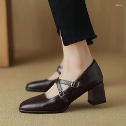 Dress Shoes Women Pumps Thick Heels 6CM Mary Janes Retro Buckle StraShoes Brown Black Concise Adult Elegant Lady 221-4