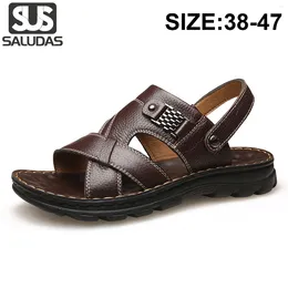 Casual Shoes SALUDAS Summer Men's Slippers Outdoor Beach Sandals Genuine Leather Comfortable Breathable Non Slip Wading