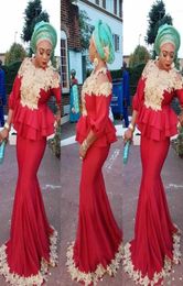 Ado Ebi Mermaid Evening Dresses With 34 Long Sleeves Peplum Appliques Dark Red Plus Size Prom Dress African Women Formal Party Go2455196