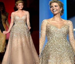 Champagne Bling Ivanka Trump Celebrity Evening Dresses Beaded Long Sleeve Princess Party Gowns Tulle Nude Fashion Prom Dress9882465