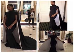 2018 Newest Floor Length Black Evening Dresses Mermaid High Neck Arabic Vestidos de festa Formal Party Prom Gowns with Capes7008592
