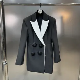 Women's Suits BORVEMAYS Black White Contrasting Colors Blazer Personality Temperament 3D Flower Double Breasted Loose Coat Women WZ8264