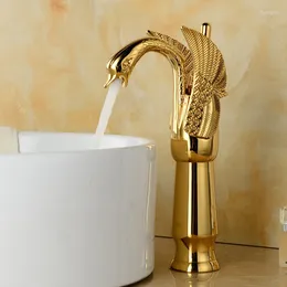 Bathroom Sink Faucets Tall Polished Gold Color Brass Carved Art Animal Swan Style Basin Mixer Tap Faucet One Hole Single Handle Mnf179