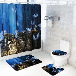Shower Curtains Waterproof 3D Blue Butterfly Print Curtain Bathroom Rug Set Polyester Fabric Bath Toilet Cover Mat Sets