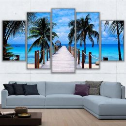 Beautiful Bali Ocean Sea Blue Tropical Palm Tree Canvas Painting Beach Clouds Posters 5 Piece Wall Art for Living Room Decor