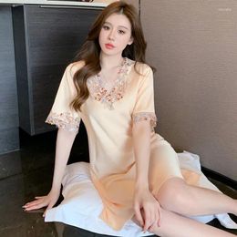 Women's Sleepwear Pyjamas Thin Silk Embroidered V-neck Short Sleeve Korean Style Lace Sexy Nightdress Large Size Homewear Suit