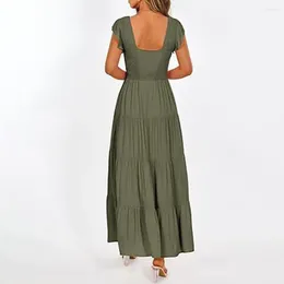 Party Dresses Pleated Dress Floral Print V Neck Maxi For Summer Vacation A-line Loose Hem Flying Sleeves Backless Design Soft Breathable