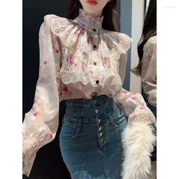 Women's Blouses Vintage Stand Collar Lace Patchwork Flower Shirts Korean Ruffles Single Breasted Women Japanese Sweet Blusa Feminina