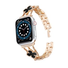 Designer Watch Straps Metal Four Leaf Clover Gift Watchbands for Apple Watch Band 38mm 42mm Luxury Bling Diamond Silver Pink Gold iwatch Bands for Women