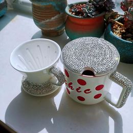 Mugs Hand-made Crystal Rhinestone Ceramic Coffee Cup Set Tea Drain Philtre Hand-brewed Portable Kawaii Exquisite Gift