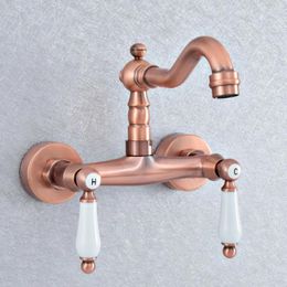 Bathroom Sink Faucets Antique Red Copper Brass Wall Mounted Dual Handle Kitchen Faucet 360 Rotate Swivel Basin Mixer Tap Bathtub