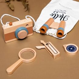 Baby Wooden Montessori Toys Wooden Camera Outdoor Adventure Magnifying Glass Telescope Compass Wooden Knife For Children Gift 240327