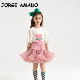 Christmas Kids Girl Skirt Short Soft Yarn Breathable Tutu Princess Skirt with Sashes Mesh Pure Puffy Pleated Clothes H0002 240329