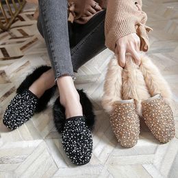 Casual Shoes Luxury Paillette Pearl Beads Flats Women Fur Winter Warm Barefoot Loafers Ladies Cozy Slip On Furry Mocasines Mujer