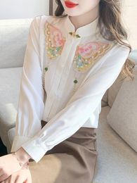 Women's Blouses 2024 Spring White Blouse Woman Stand Collar Chiffon Shirt Long Sleeve National Style Buckle Shirts Embroidered Top Blusas