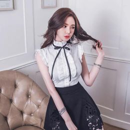 Women's Blouses 2024 Elegant Bow Tie Office Lady White Shirt Summer Butterfly Sleeve Women Tops Fashion Ruffles Female Chiffon Blouse B36