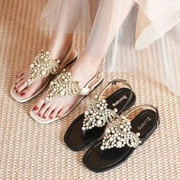 Sandals Pearl Flat Heel Bohemian Beading Summer Shoes Woman Flower Thong Sandalias Beach Sandales Size 43