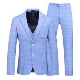 Men's Suits Spring And Autumn Korean Sky Blue Stripes Slim British Business Suit Three Piece Wedding Bridegroom Man Formal Dress