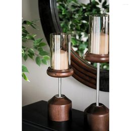 Candle Holders Cylindrical Glass Candlestick With Brown Finish Circular Wooden Home Decoration Accessories