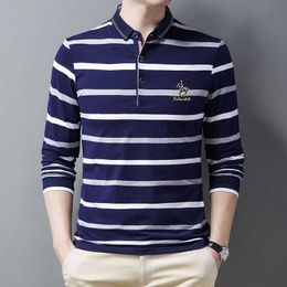 Business Striped Polo Shirt for Mens Spring and Autumn New Embroidered Logo Lapel Pure Cotton Long Sleeved T-shirt with a Bottom Layer