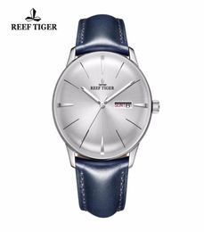 Wristwatches 2021 Reef TigerRT Mens Dress Watches Convex Lens White Dial Automatic Blue Leather Band RGA82389504095