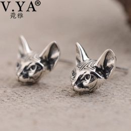 Rings V.YA 925 Sterling Silver Vintage Cute Cat Head Earrings Fashion Art Small Animal Earrings Thai Silver Earrings Jewellery Gifts