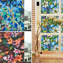 Window Stickers 3D Static Cling Stained Frosted Floral Glass Door Film Sticker Magnolia Pattern Cover Privacy Decor Blackout
