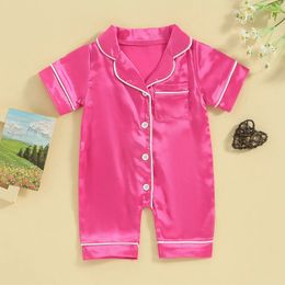 Born Baby Girls Boys Loungewear Sleepwear Kids Summer Jumpsuit Pyjama Short Sleeve Lapel Solid Colour Button Up Nightgown Robe 240325