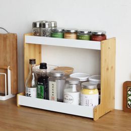 Kitchen Storage Rack Non-perforated Aluminium Alloy Bamboo Double-layer Seasoning Bottle And Jar Table Top Grocery Desktop