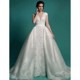 Dresses New Arrival Detachable Train Wedding Dresses Appliques Satin VNeck Cap Sleeve Vestido De Novia Bridal Dress