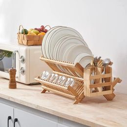 Kitchen Storage Bamboo Dish Drying Rack With Utensil Holder Widening For Counter Collapsible 3 Tier