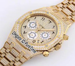 2021 VK Quartz Chronograph Mens Watch Royal Full Iced Out Vs Diamond Pave Yellow Gold Arabic Numerals Markers Dial Bling Jewelry P1463928