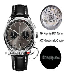 GF Premier B01 ETA A7750 Automatic Chronograph Mens Watch 42mm Steel Grey Black Dial AB0118221B1P1 Black Leather Edition New 9830046