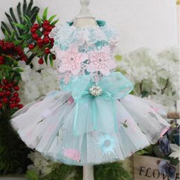 Dog Apparel 2024 Handmade Pet Clothes Pink Blue Flower Pearl Bow Lace Princess Dresses For Small Medium Wedding Skirt Puppy Overalls