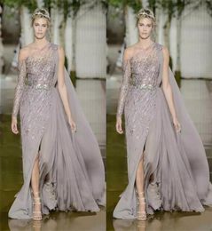 2018 Modest Zuhair Murad Prom Dresses With Metal Belt Tulle Sequins ALine Split One Shoulder Plus Size Evening Gowns3410309